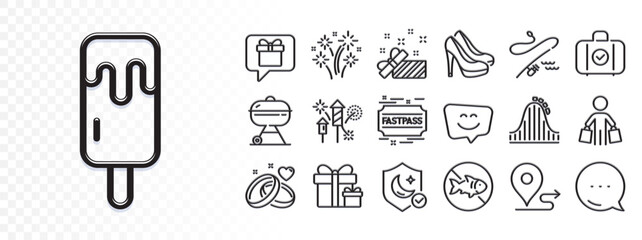 Carry-on baggage, Fireworks and Guard line icons for web app. Glare of light effect. Message icon. Pack of Marriage rings, Surprise package, Shoes pictogram icons. Vector