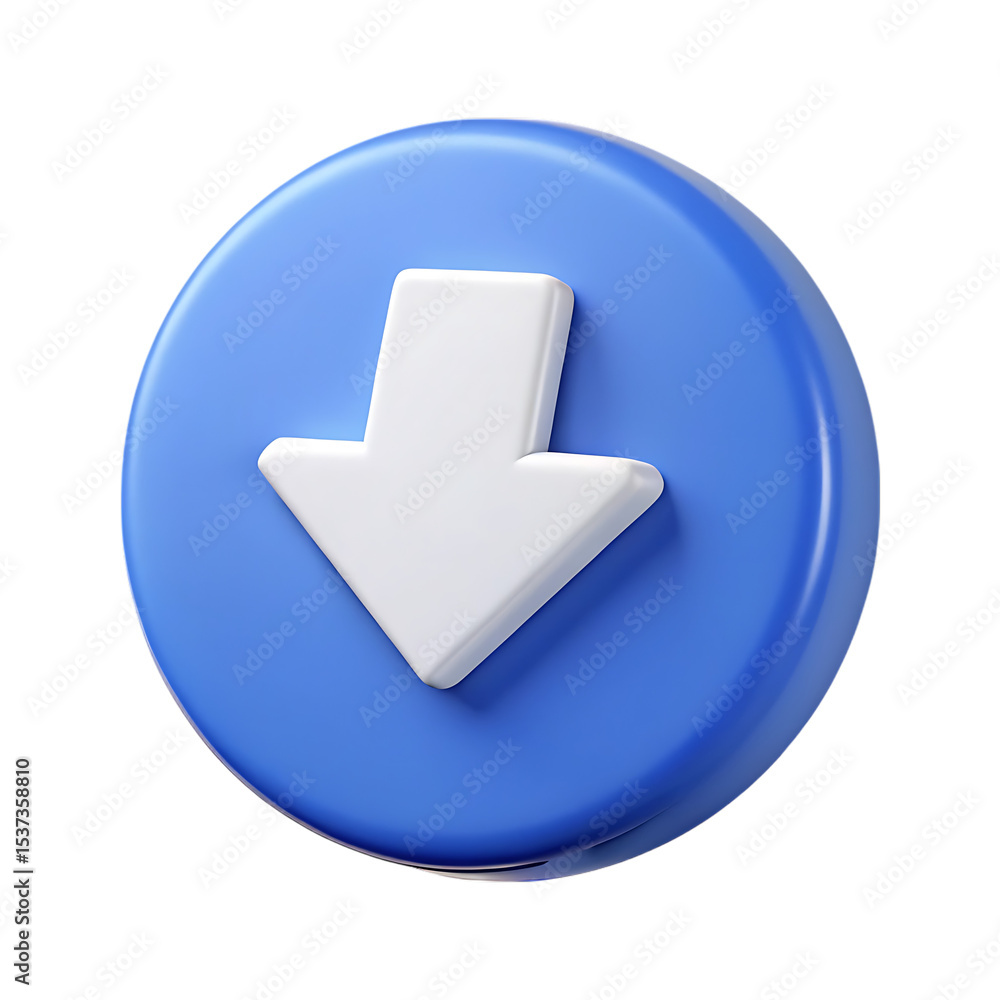 Poster 3d render of a blue circle button with white down arrow isolated on transparent background