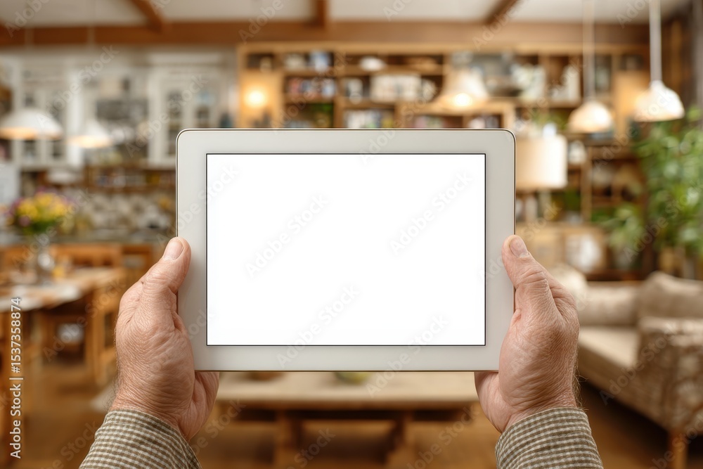 Poster an elderly person holding a tablet with a blank white screen inside a cozy home, creating a warm and