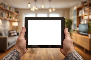 Man holding a tablet with a blank screen in a living room setting, ready for content and advertisement, offering a digital solution in a homely environment.