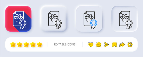 Dog competition certificate line icon. Neumorphic, Flat shadow, 3d buttons. Pets award sign. Champion winner medal symbol. Line dog certificate icon. Social media icons. Vector