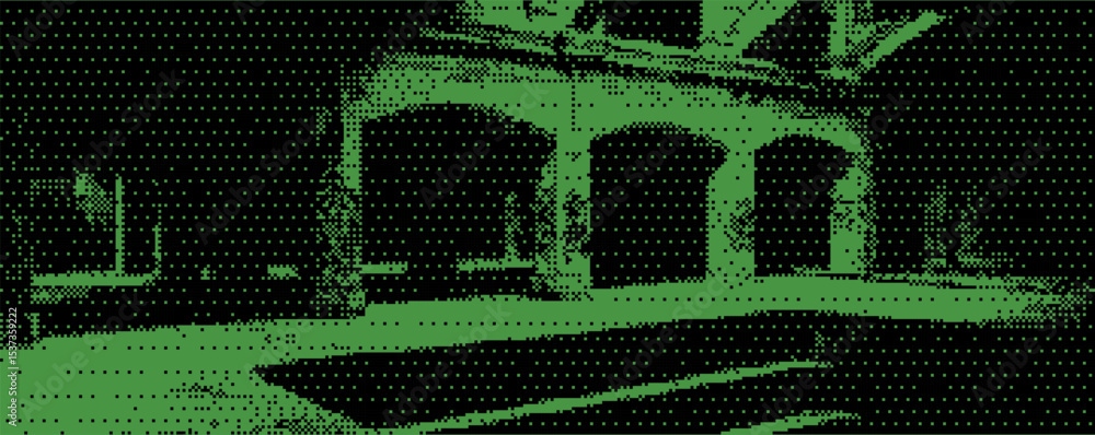 Poster green pixel art showcasing architectural features of an industrial space with arches and greenery bi