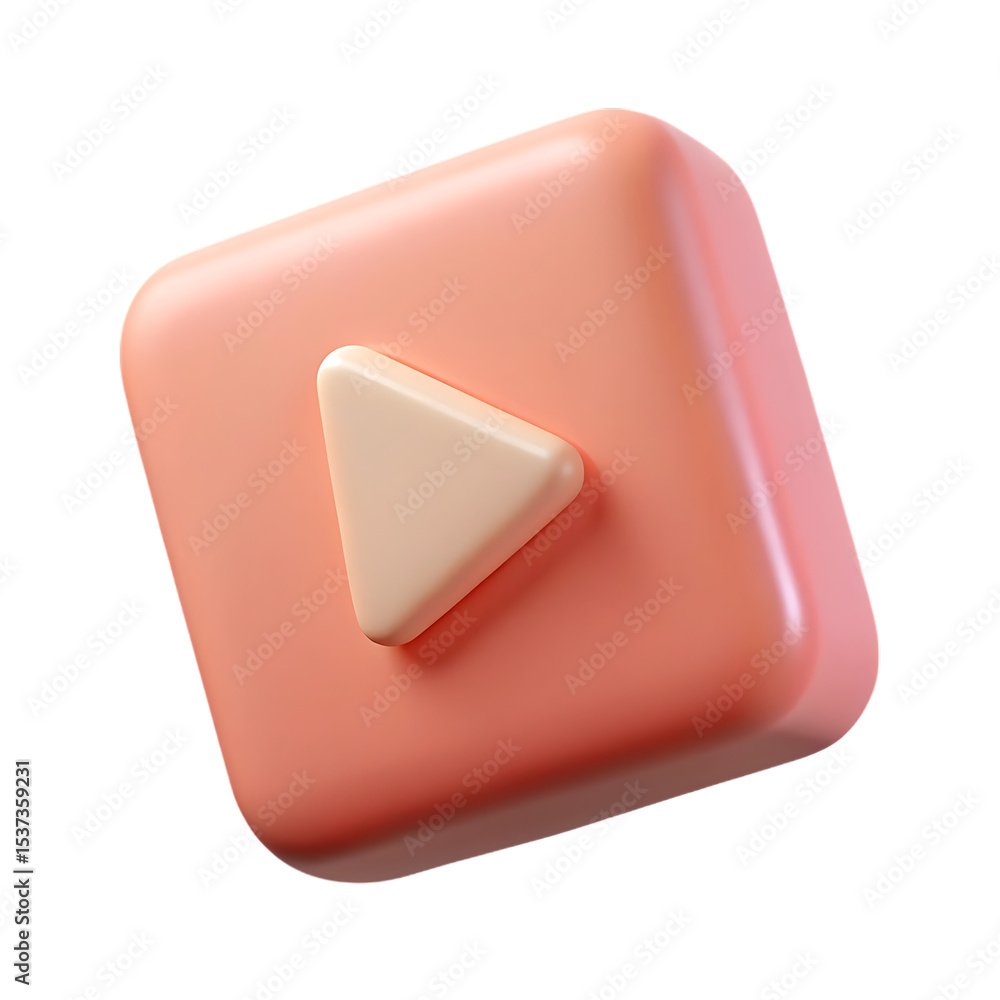 Poster 3d render play button icon square shape coral peach color isolated on transparent background