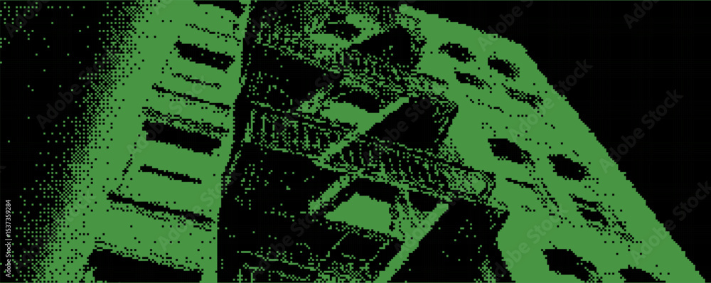 Poster Architectural structure created with pixelated green graphics showcasing a towering design against a black background