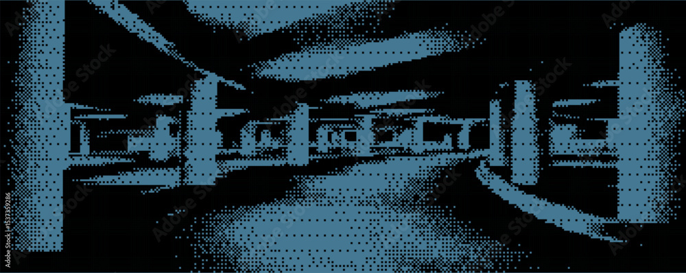 Poster Unique digital artwork depicting abstract geometric patterns and shapes in shades of blue and black, creating a sense of depth and dimension