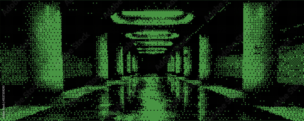 Poster Digital art showcasing a retro-inspired green pixelated corridor emphasizing symmetry and depth in an underground setting
