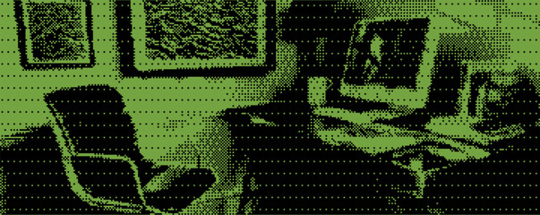 Cozy workspace featuring a vintage chair and computer in a softly lit room with art on the walls