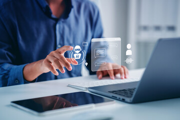 AI assistants support human artificial for data analysis Intelligence technology, man pointing AI...