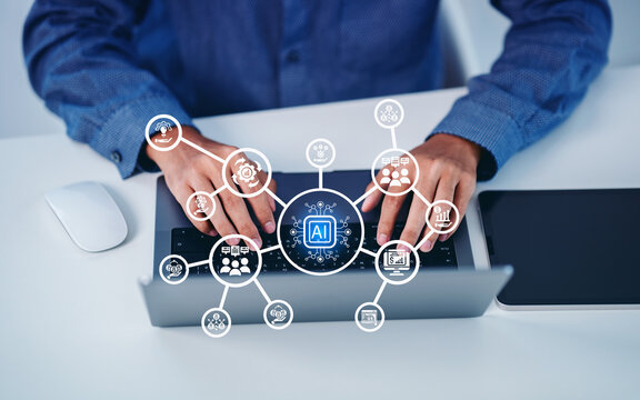 AI assistants support human artificial for data analysis Intelligence technology, man tying AI assistant dashboard their goals agentic workflows, advertising, marketing, connection, communication