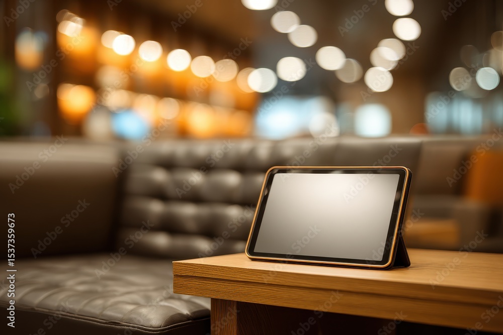 Poster close-up of a modern tablet device resting on a wooden table in a stylish and comfortable lounge set