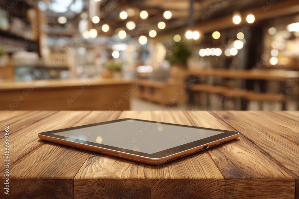 Aufkleber a tablet rests on a rustic wooden table in a softly lit café environment, creating a warm and inviti