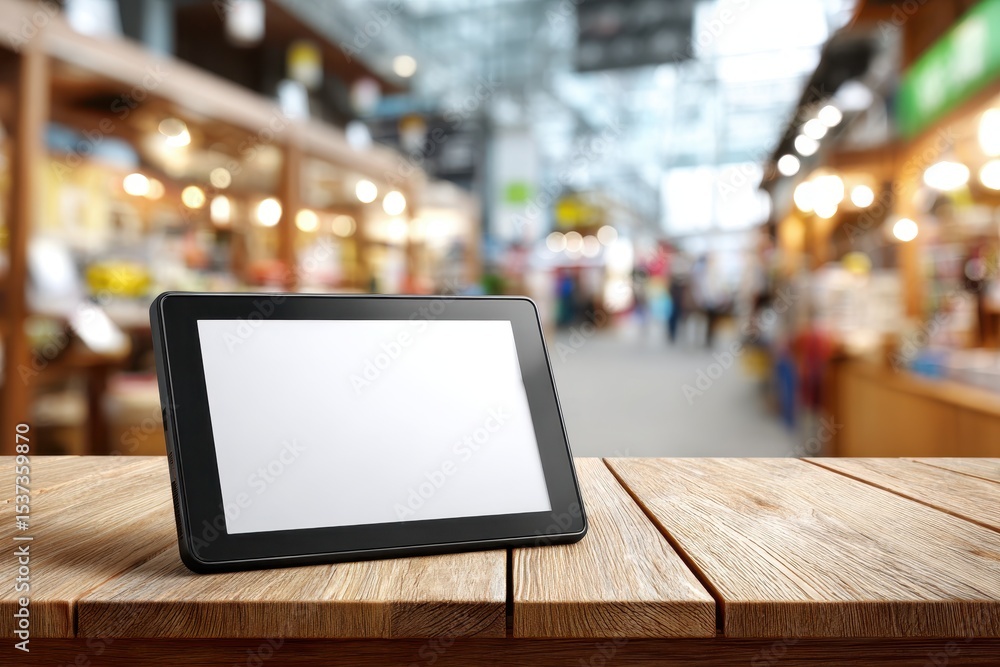 Aufkleber black tablet computer mockup with white screen on rustic wooden table surface, indoor market in the 
