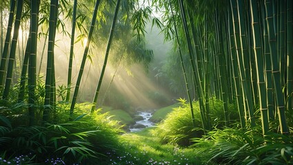 Obraz premium Sunlight Streaming Through Green Bamboo Forest with Small Stream