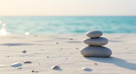 Serene Beach Scene Stacked Stones on Tranquil Shore