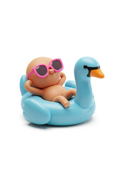 Doll in sunglasses relaxing on swan float