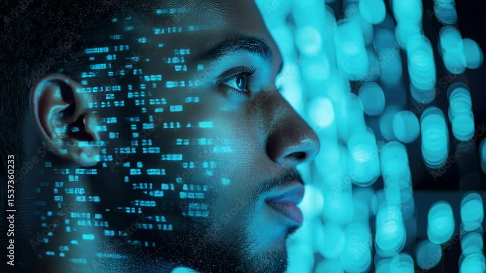Poster man with digital data overlay, futuristic tech portrait