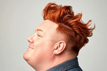 Obraz premium Fashionable men's high fade haircut - midlife white man with red hair. Conceptual art of style for aging men. Pure white solid background. A modern and happy gentleman enjoying his moment.