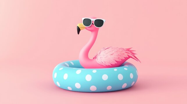 3D rendered flamingo wearing sunglasses in a polka dot inflatable pool float