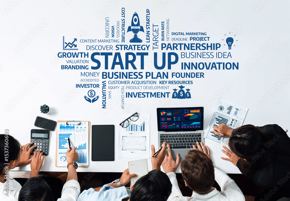 Poster A focused business team engages in collaborative strategy sessions, exploring innovative ideas and analyzing data to drive startup growth and secure investment opportunities. Amity