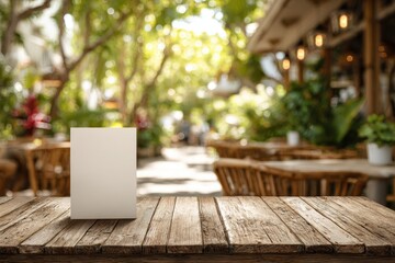 A rustic wooden table with a blank menu card in an outdoor restaurant setting, surrounded by natural green foliage and soft, blurred background lights.