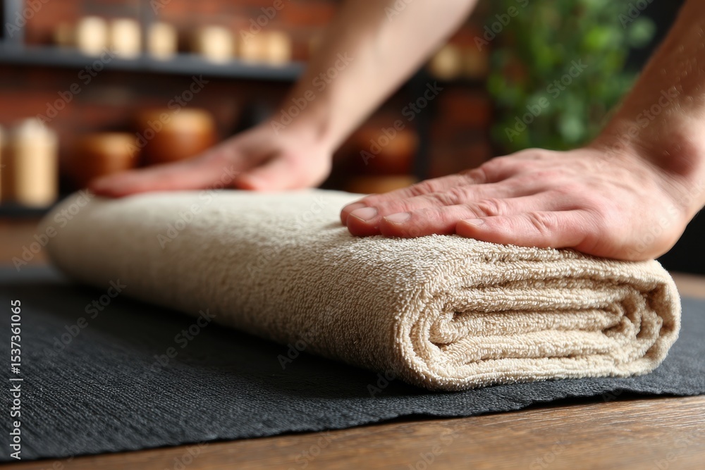 Poster close-up shot of hands carefully smoothing a neatly folded towel on a table, creating a serene and i