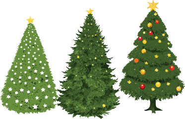 Three Decorated Christmas Trees with Stars and Ornaments on White Background