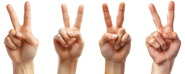 Collection of hands showing the peace symbol, isolated on a transparent background