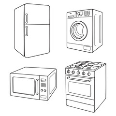 Home appliances line art icons: refrigerator, washing machine, microwave, stove