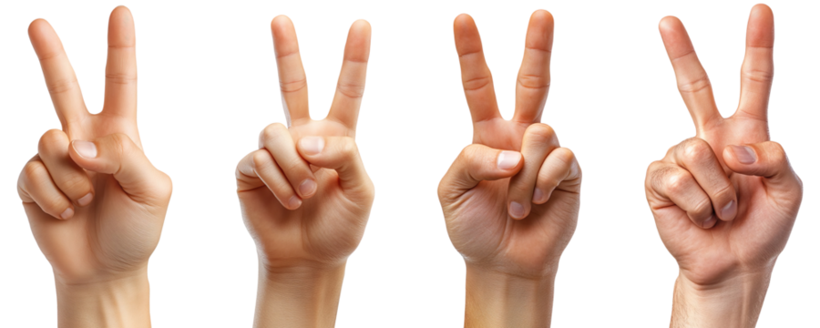 Collection of hands showing the peace symbol, isolated on a transparent background