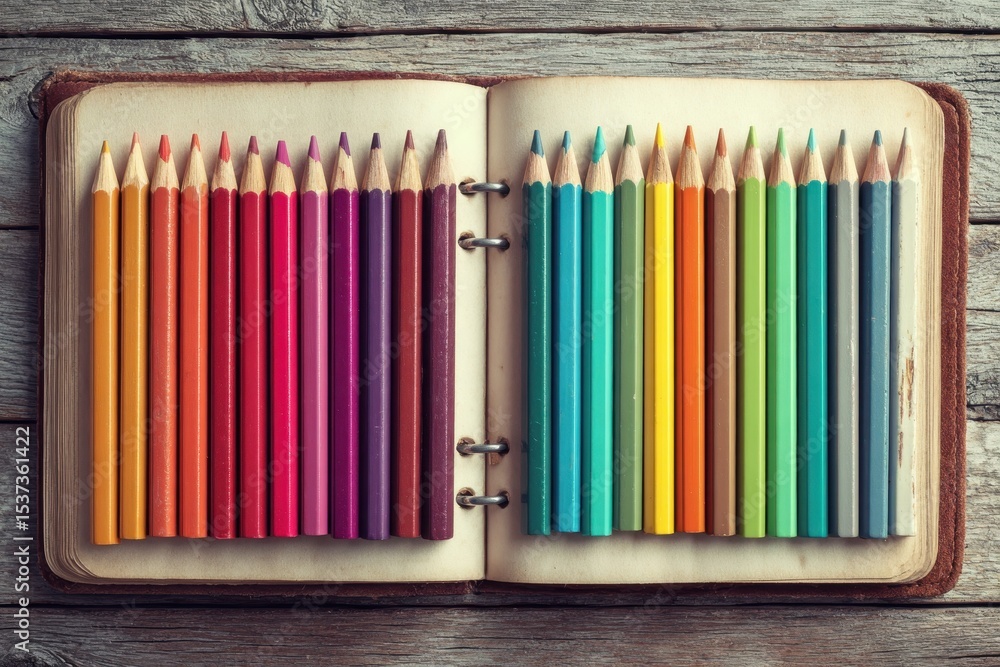 Poster close-up of an open sketchbook with colorful drawing pencils neatly arranged inside, displaying a ra