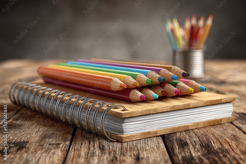 Poster a set of colored pencils arranged on a wooden notebook with a metal spiral binding, placed on a rust