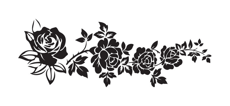 Black roses flowers silhouette set vector drawing.Floral beautiful wedding element.Set of rose with leaves. vector illustration eps 10.