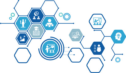 Banner Training concept. set of training icons, presentation, seminar, video conference	