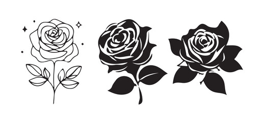 Black roses flowers silhouette set vector drawing.Floral beautiful wedding element.Set of rose with leaves. vector illustration eps 10.