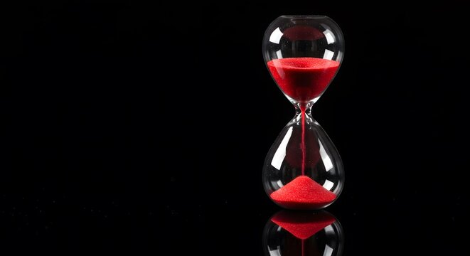 Red Sand Hourglass on Black Background Time, Deadline, and Mortality Concept