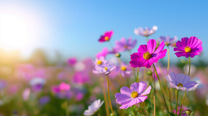 Colorful wildflowers blooming in a vibrant spring meadow under soft natural light.
