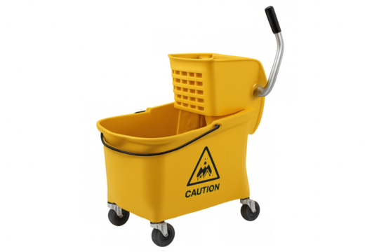 Yellow mop bucket with caution sign and wringer isolated on transparent background, ideal for cleaning and maintenance tasks
