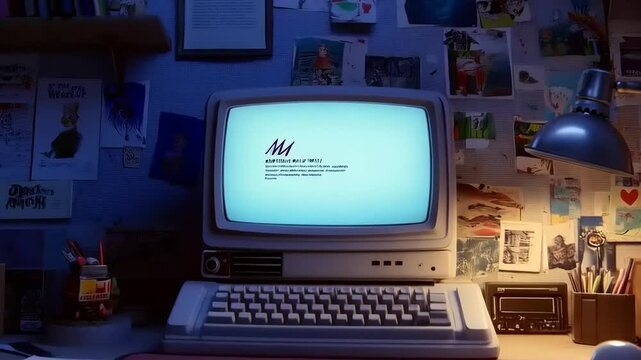 Vintage Computer Display Amidst an Artistic Workspace, Nostalgia and Creativity