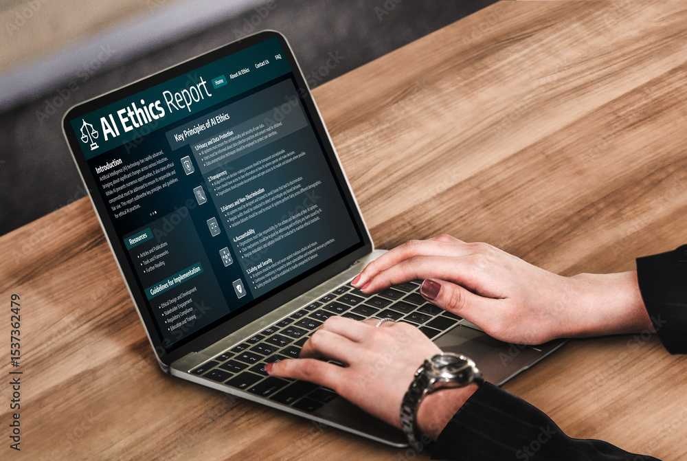 Poster ai ethics responsibility standard law and rules on computer screen provide report of ai ethic transp