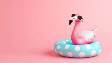 Cartoon pink flamingo with sunglasses in a polka-dot inflatable swim ring on pink bg