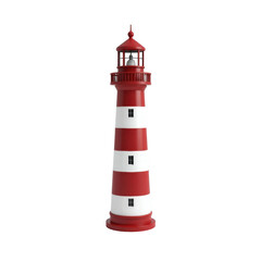 Red and white striped lighthouse standing against a plain background  