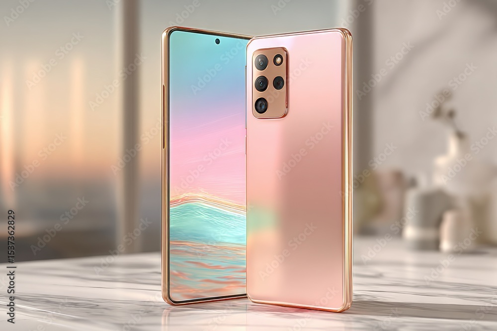 Poster a modern smartphone with a sleek design showcasing its camera and screen features, presented on a ma