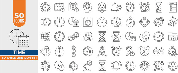 Editable Time Line Icon Set – Modern Thin Line Vector Clocks, Timers, Alarms & Stopwatches. Editable Stroke. Vector illustration