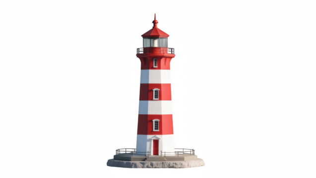 Red and white striped lighthouse standing on rocky base by the sea  
