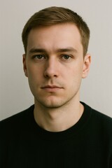 Obraz premium A portrait of a 25-year-old Baltic man with dark blond hair and calm charisma, showcasing timeless masculinity, minimal styling, and natural elegance under soft studio lighting