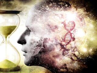 Obraz premium A head with a cosmic background, alongside an hourglass.