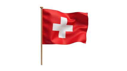 Swiss flag waving on a pole against a white background  