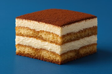 A decadent slice of tiramisu with distinct layers of espresso-soaked ladyfingers and rich mascarpone cream, topped with fine cocoa powder—elegant and inviting on a dessert plate