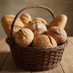 Assortment of Freshly Baked Breads in Brown Basket on Wooden Table