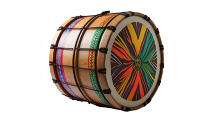 Traditional Jamaican drum with colorful patterns and wooden texture  